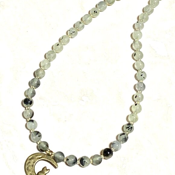 Genuine Prehnite Bronze Cat on the Moon Necklace, Gemstone Beaded Necklace - Picture 6 of 11